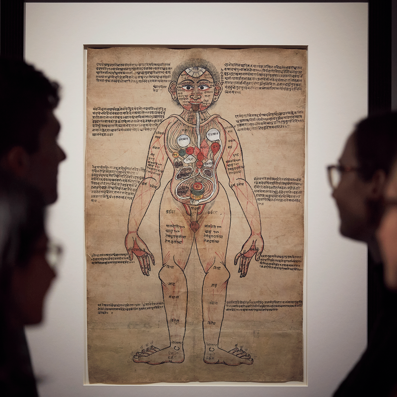 Visitors to the Ayurvedic Man exhibition view the Ayurvedic Man painting